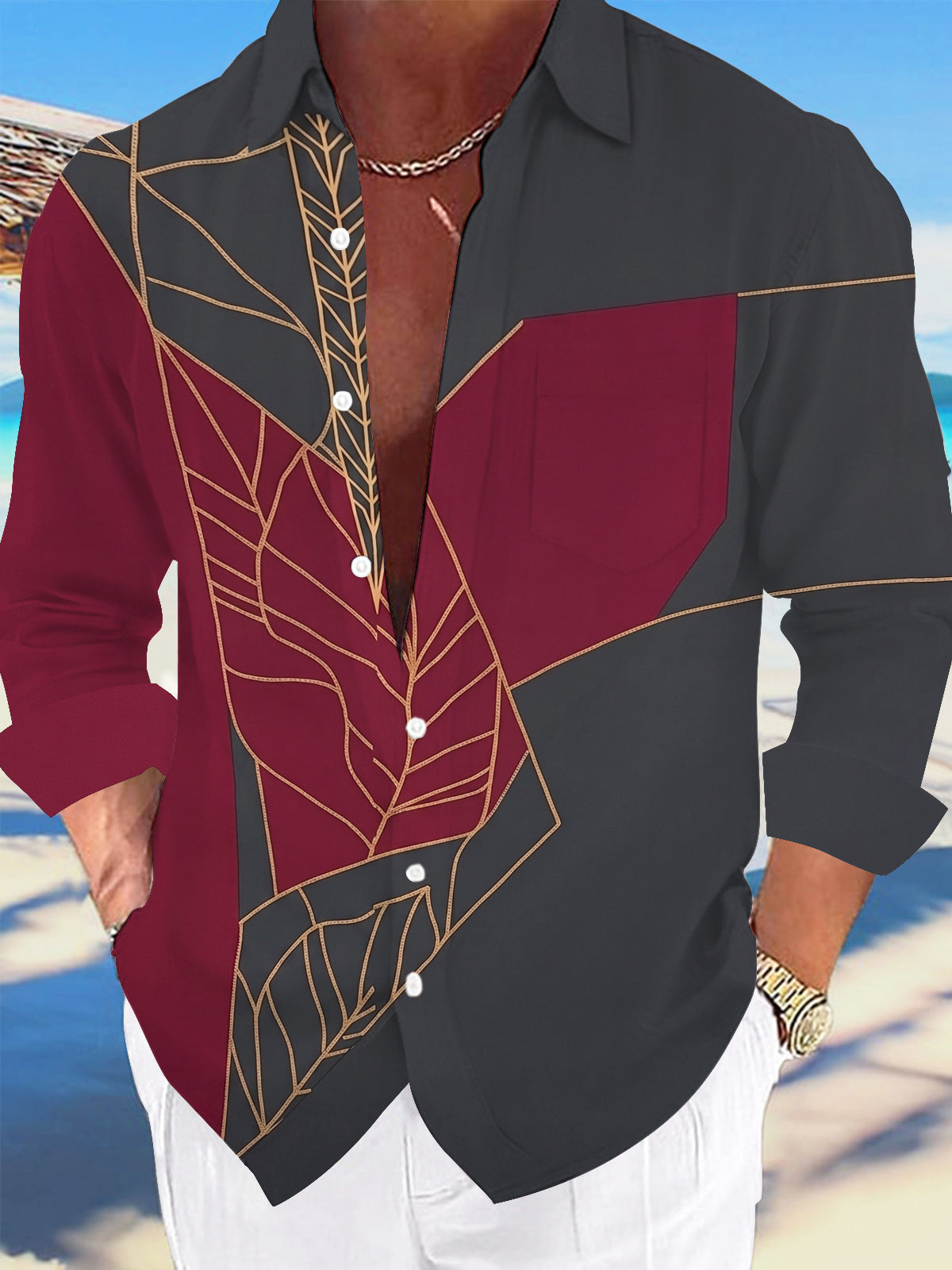 Oceanlyte Men's Vintage Style Gold Leaf Vein Geometry Print Long Sleeve Shirt with Chest Pocket