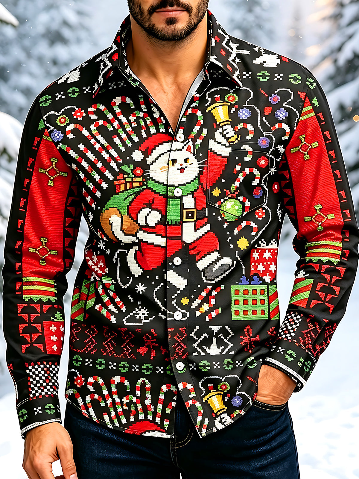Oceanlyte Men's Graphic Pixel Art Christmas Cat Print Long Sleeve Shirt with Chest Pocket