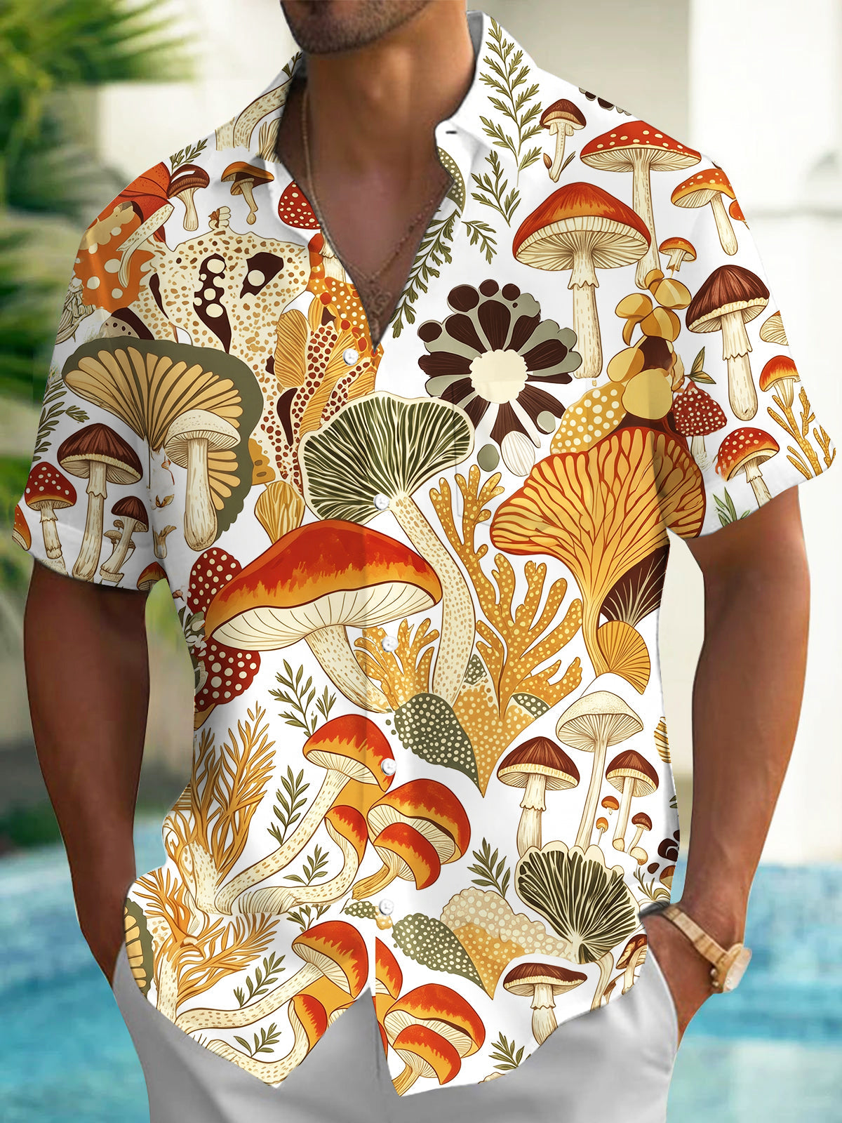 Oceanlyte Men's Graphic Mushroom Print Fungi Pattern Short Sleeve Shirt with Chest Pocket