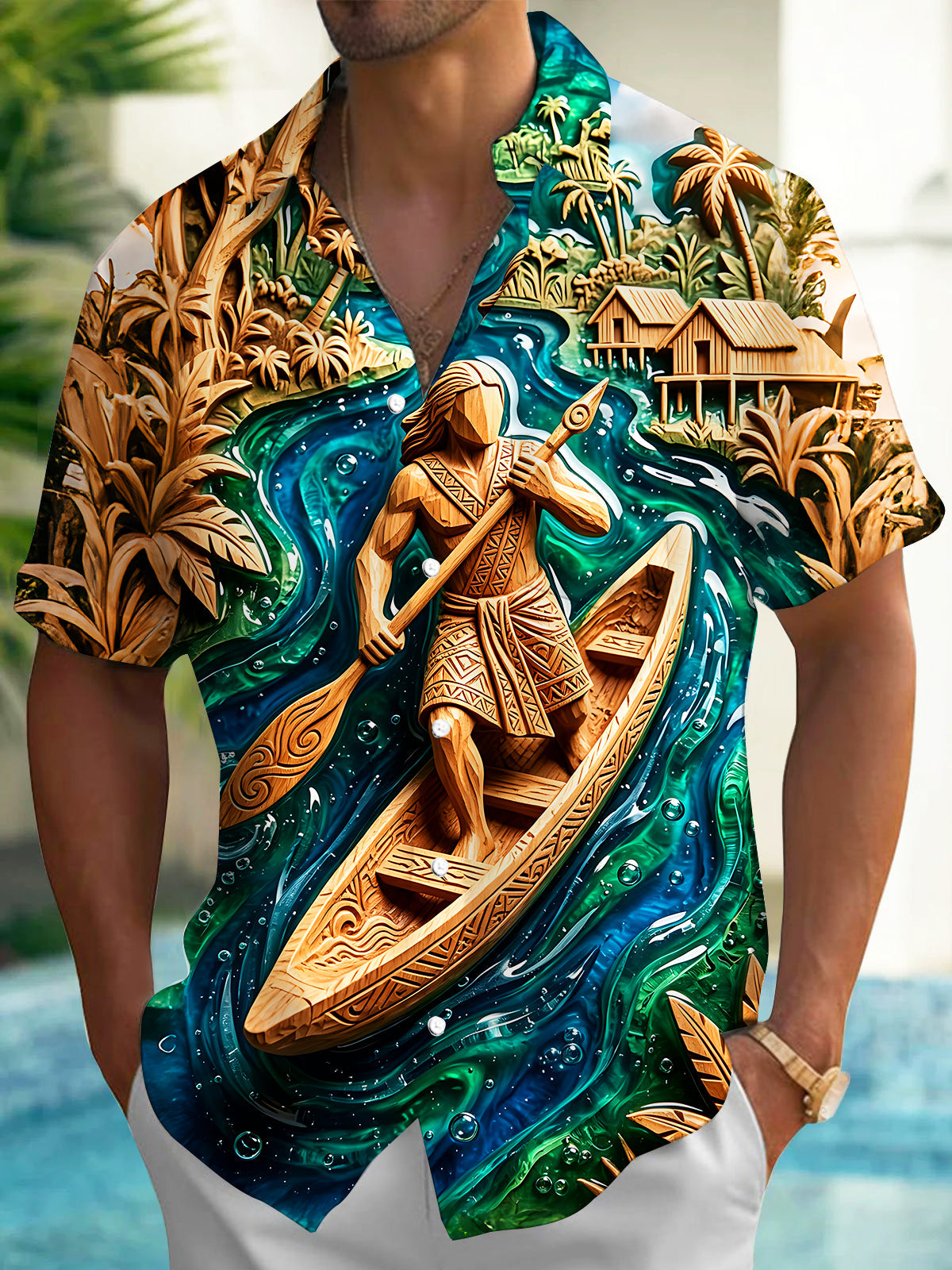Oceanlyte Wood Carving Polynesian Canoe Men's Pocket Short Sleeve Shirts