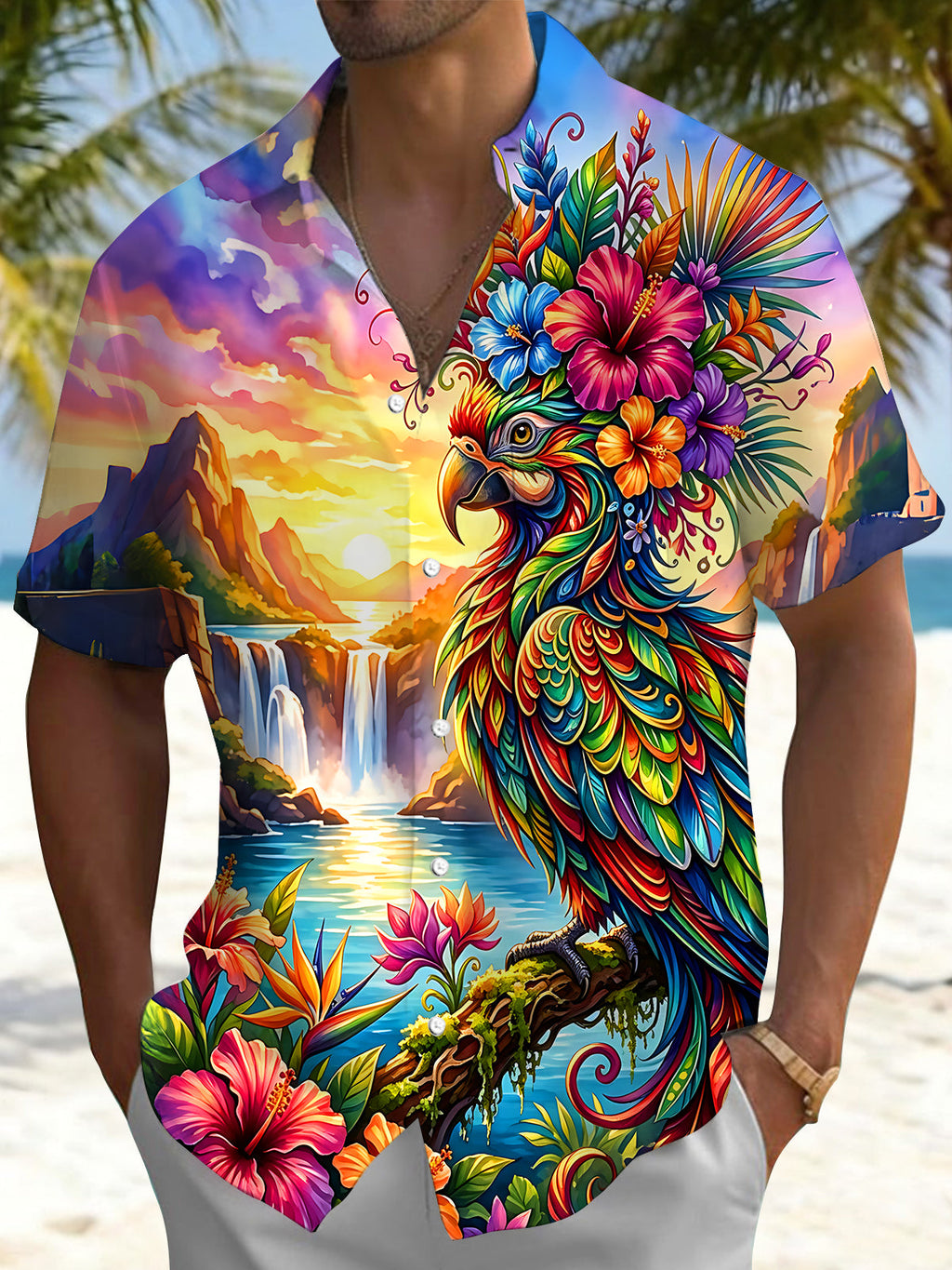 Oceanlyte Tropical Parrot Landscape Men's Pocket Short Sleeve Shirts