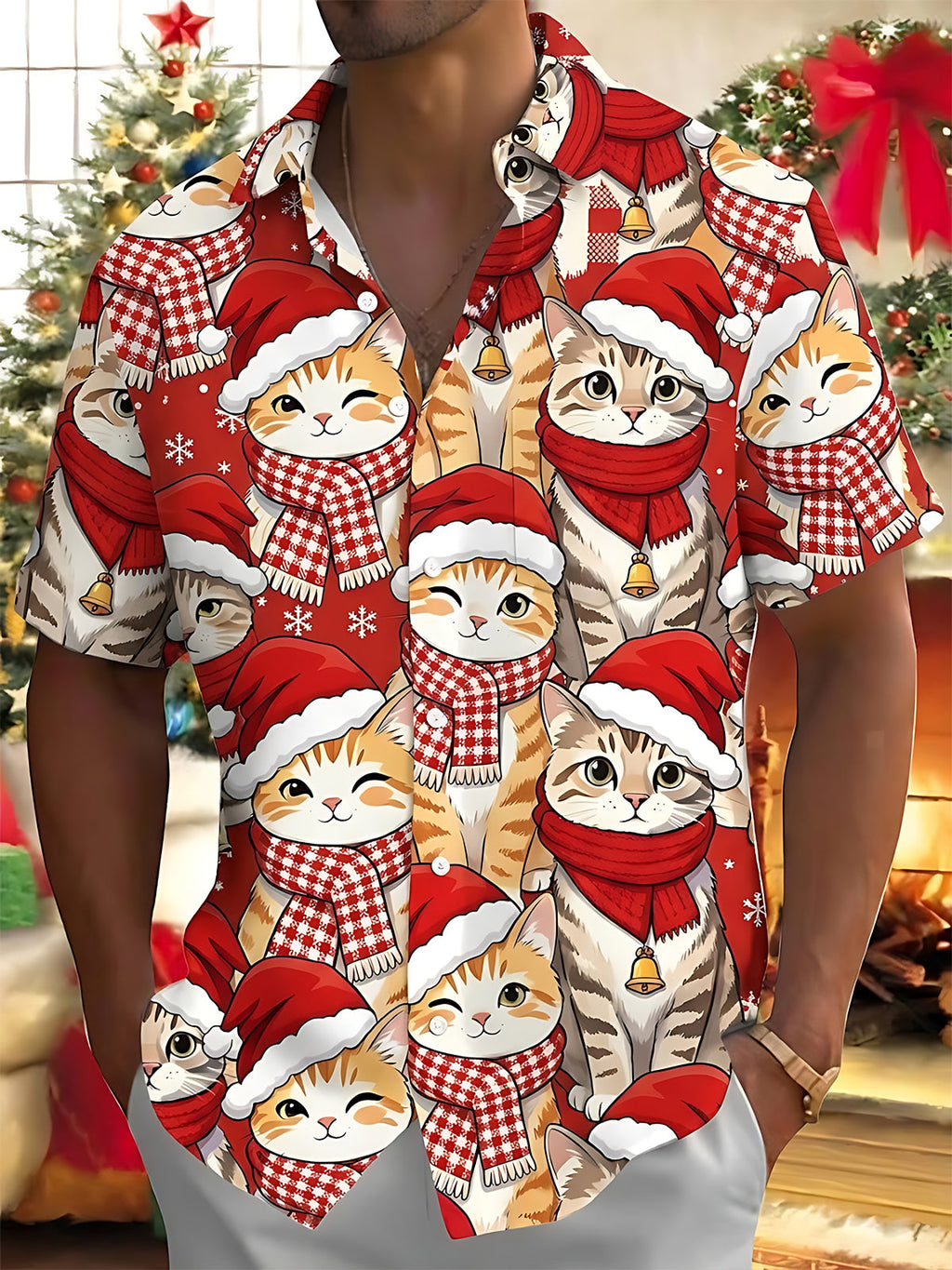 Oceanlyte Christmas Cat Cartoon Men's Pocket Short Sleeve Shirts