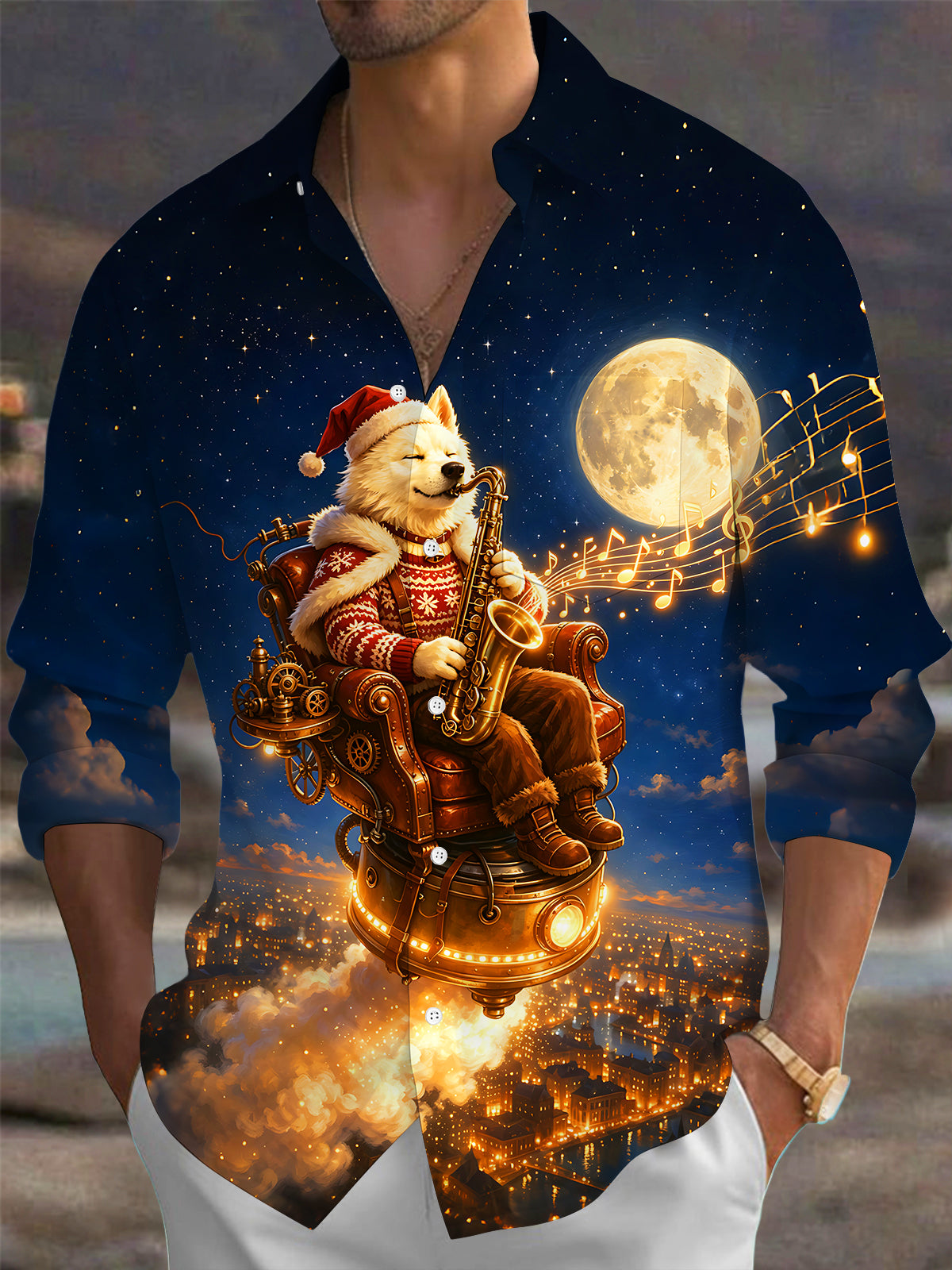 Oceanlyte Star Sky Christmas Saxophone Dog Men's Pocket Long Sleeve Shirts