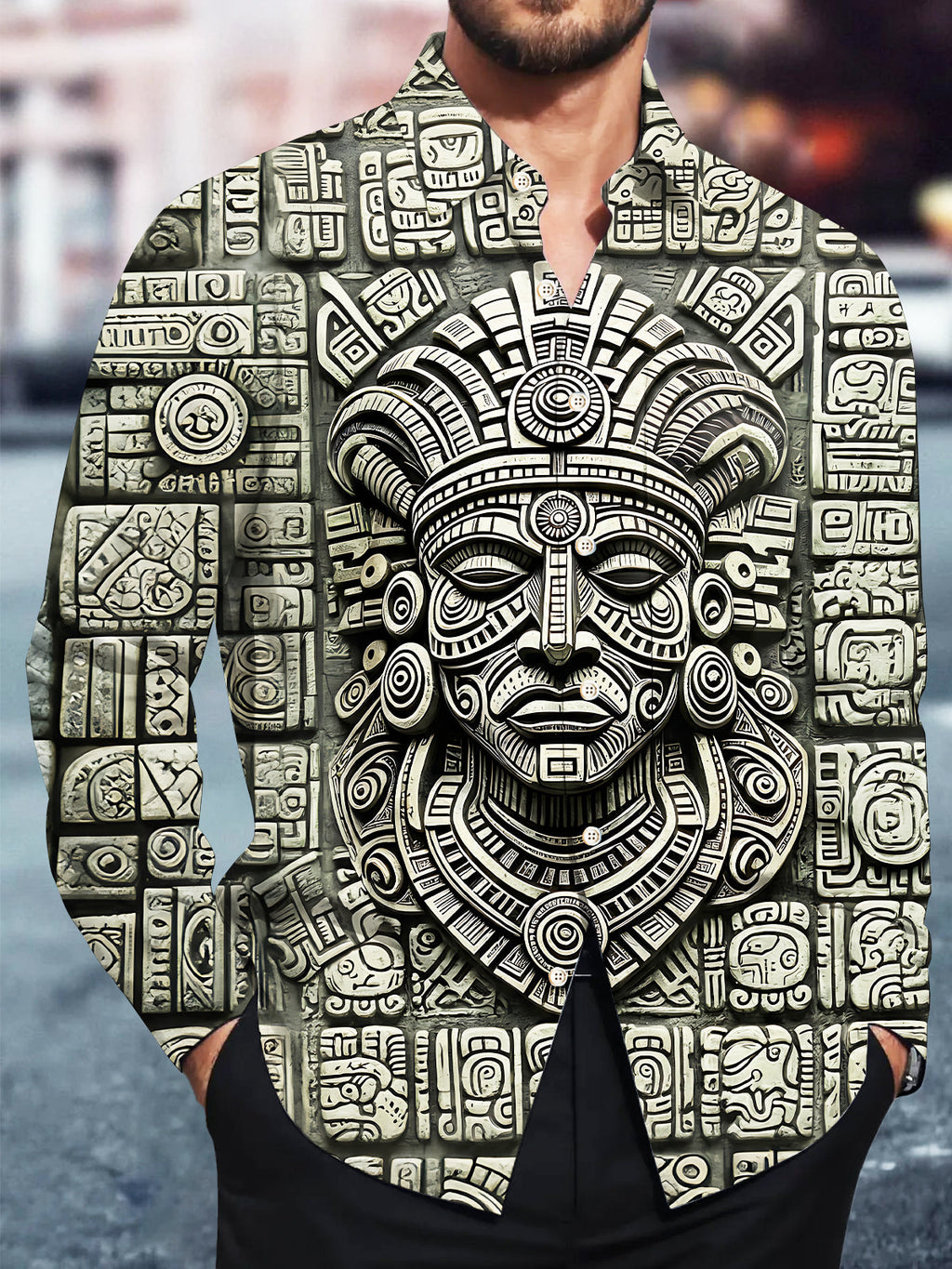 Oceanlyte Mayan Stone Carving Mask Men's Pocket Long Sleeve Shirts