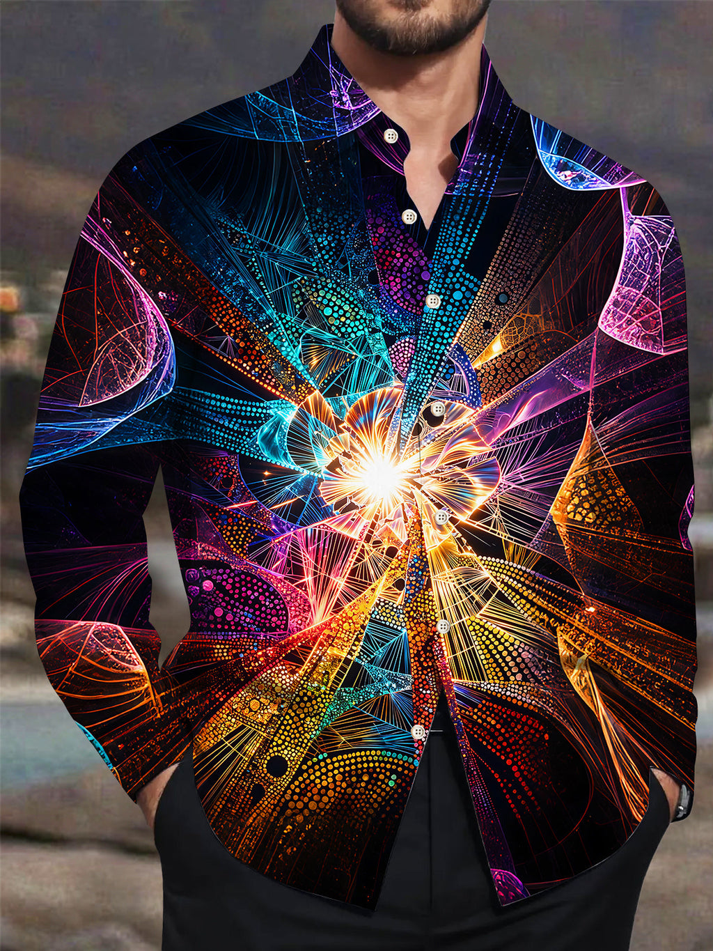 Oceanlyte Neon Glow Fractal Art Men's Pocket Long Sleeve Shirts