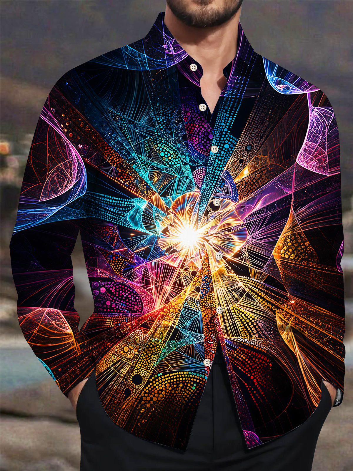 Oceanlyte Neon Glow Fractal Art Men's Pocket Long Sleeve Shirts