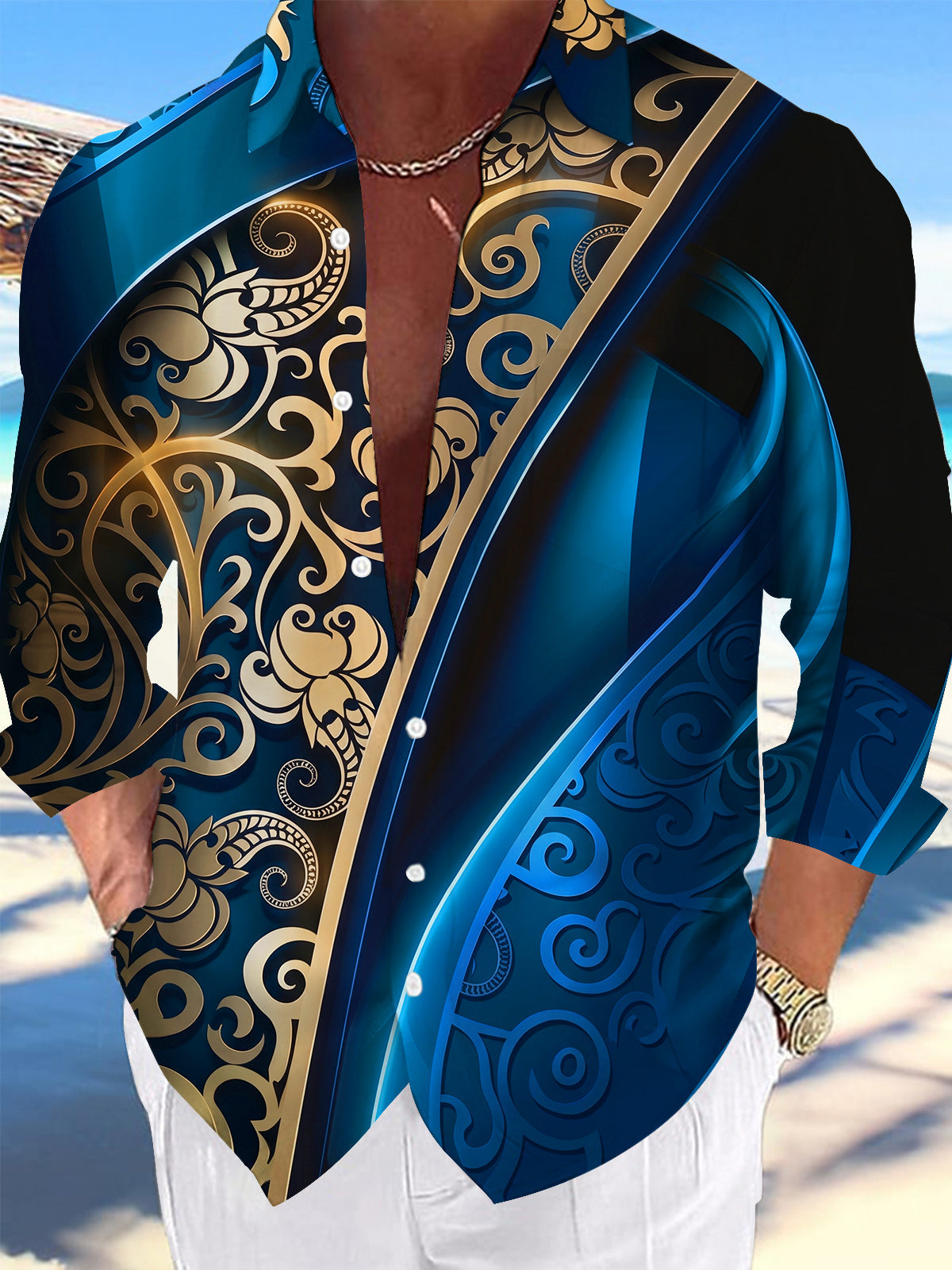 Oceanlyte Blue Gold Retro Scroll Pattern Men's Pocket Long Sleeve Shirts