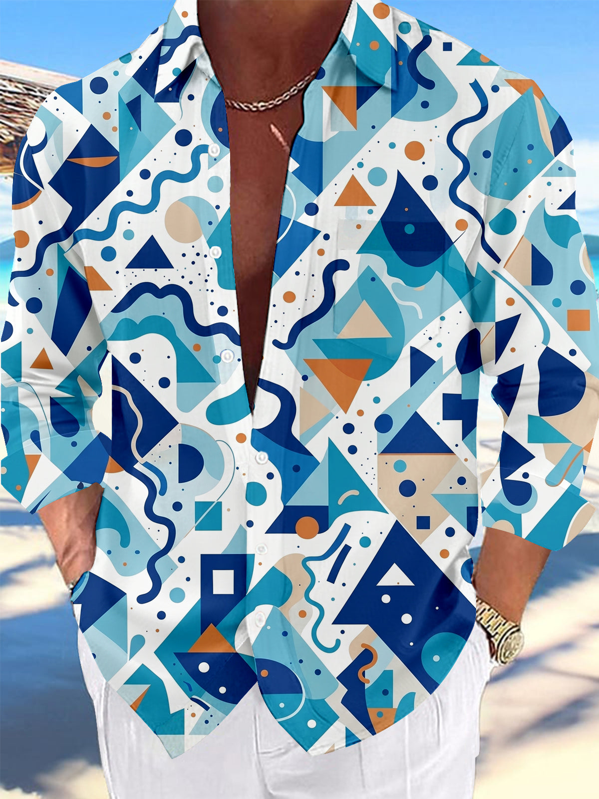 Oceanlyte Blue Orange Geometric Abstract Pattern Men's Pocket Long Sleeve Shirts