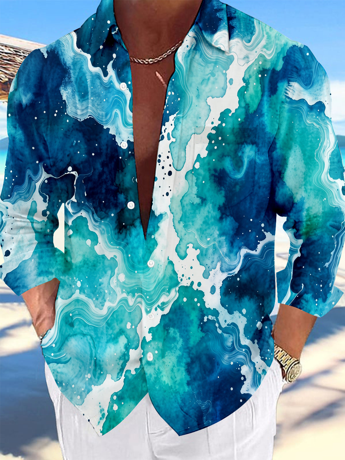 Oceanlyte Blue Green Ink Wash Fluid Texture Men's Pocket Long Sleeve Shirts