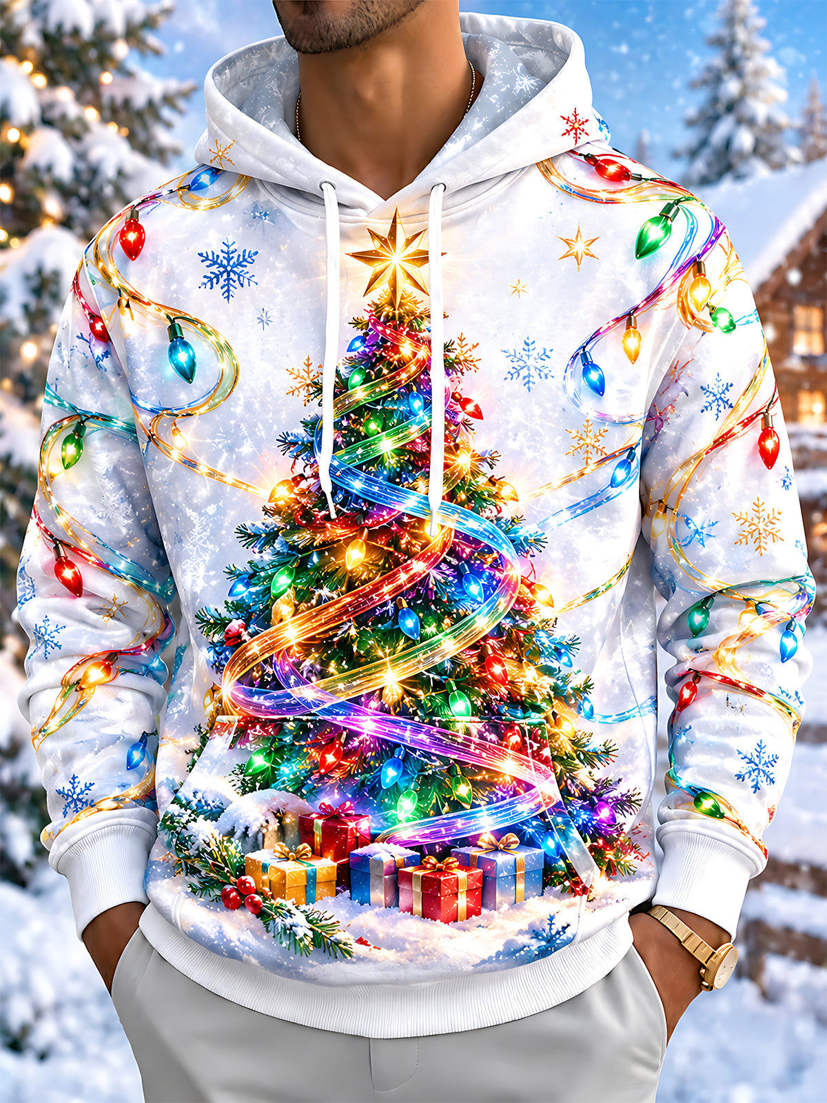 Oceanlyte Christmas Lights Christmas Tree Theme Men's Long Sleeve Pocket Hooded Sweatshirt