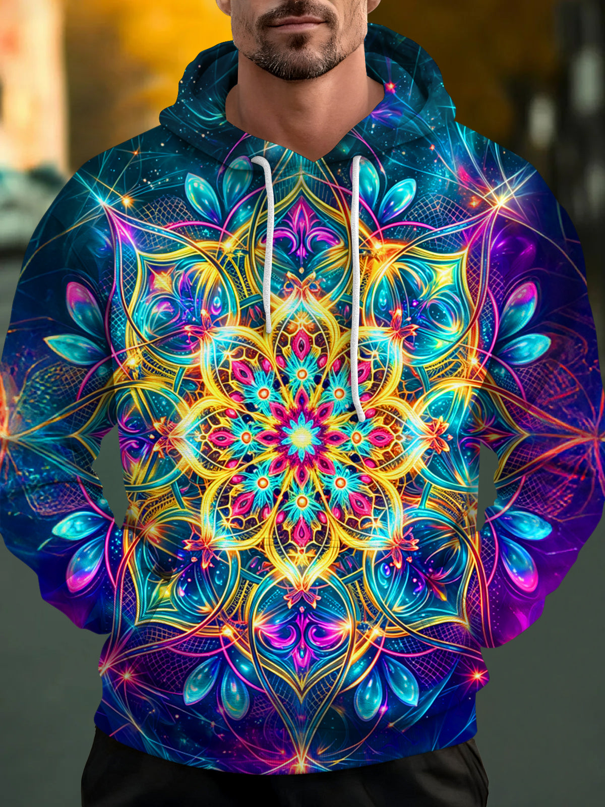 Oceanlyte Neon Mandala Kaleidoscope Pattern Men's Long Sleeve Pocket Hooded Sweatshirt