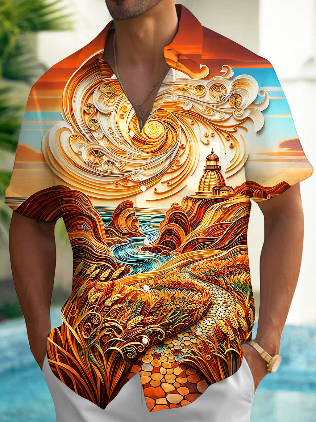 Oceanlyte Men's Printed Quilled Lighthouse Coast Print Short Sleeve Shirt with Chest Pocket