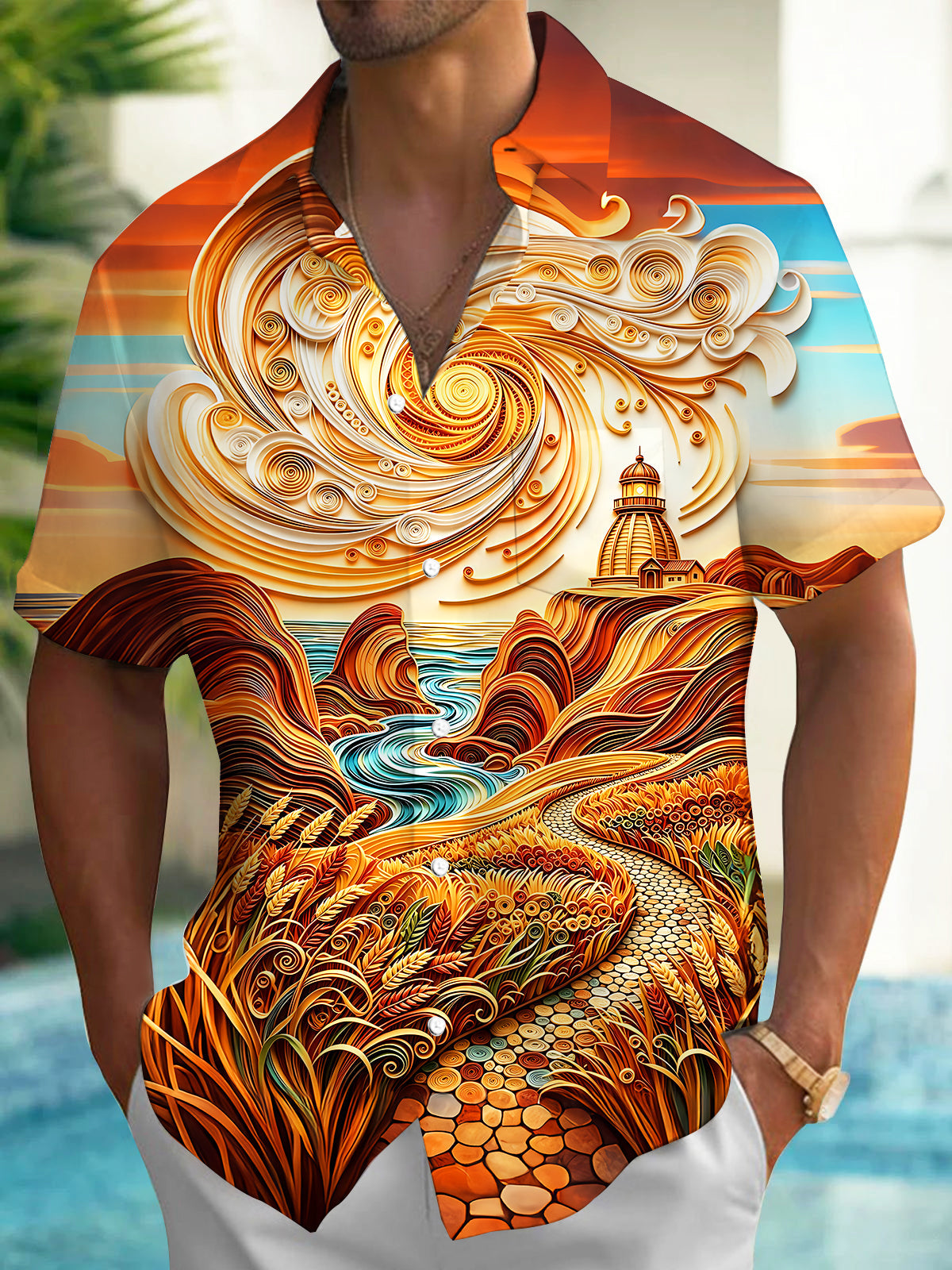 Oceanlyte Men's Printed Quilled Lighthouse Coast Print Short Sleeve Shirt with Chest Pocket