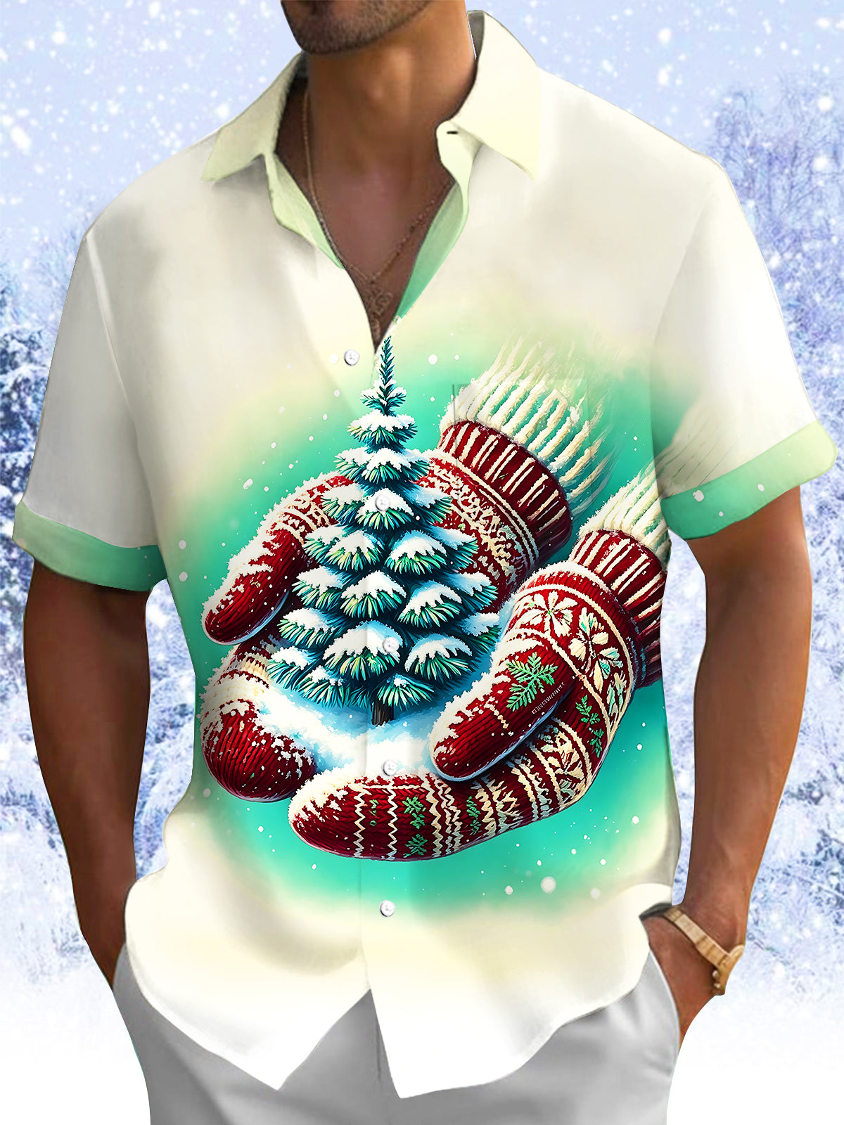 Oceanlyte Men's Printed Christmas Tree Print Short Sleeve Shirt with Chest Pocket