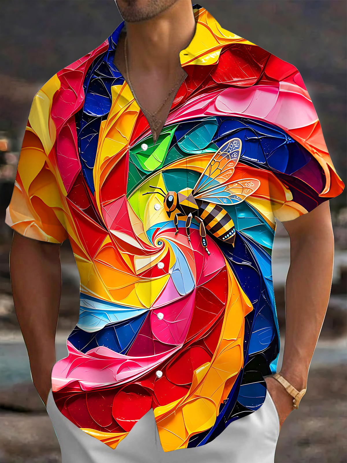 Oceanlyte Men's Hawaiian Colorful Swirl Bee Print Short Sleeve Shirt with Chest Pocket