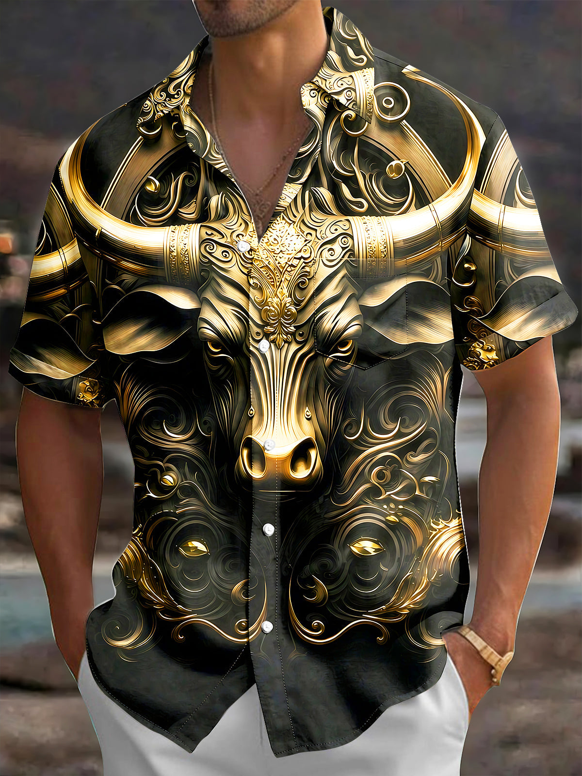 Oceanlyte Men's Graphic Gold Bull Head Print Short Sleeve Shirt with Chest Pocket