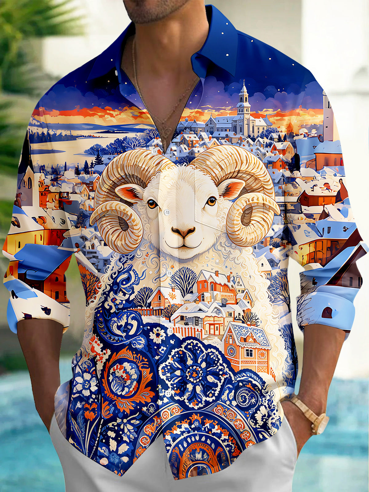 Oceanlyte Men's Graphic Big Horn Sheep Print Long Sleeve Shirt with Chest Pocket