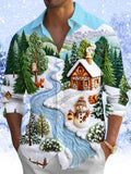 Oceanlyte Men's Printed Winter Snow Village Print Long Sleeve Shirt with Chest Pocket