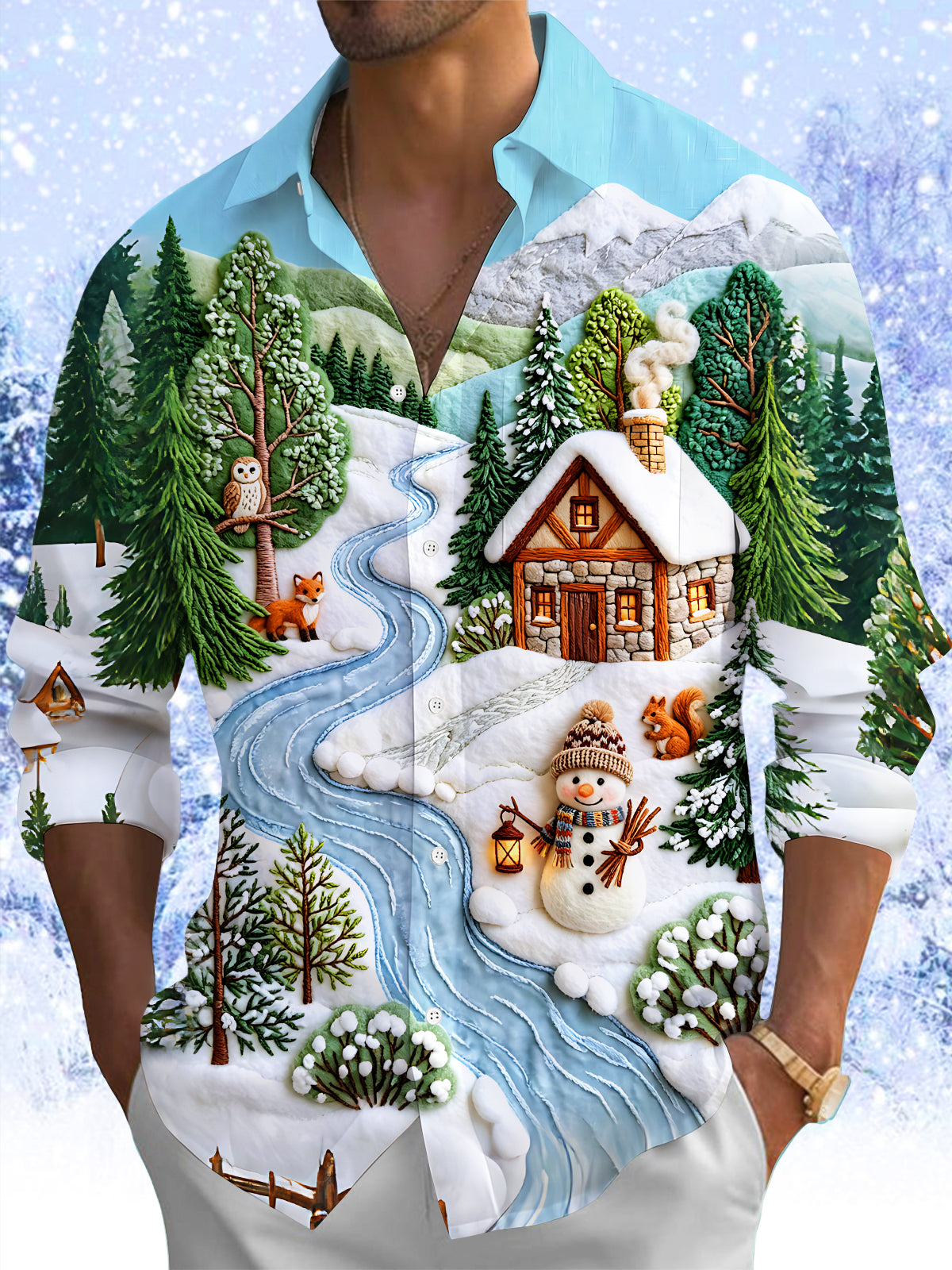 Oceanlyte Men's Printed Winter Snow Village Print Long Sleeve Shirt with Chest Pocket