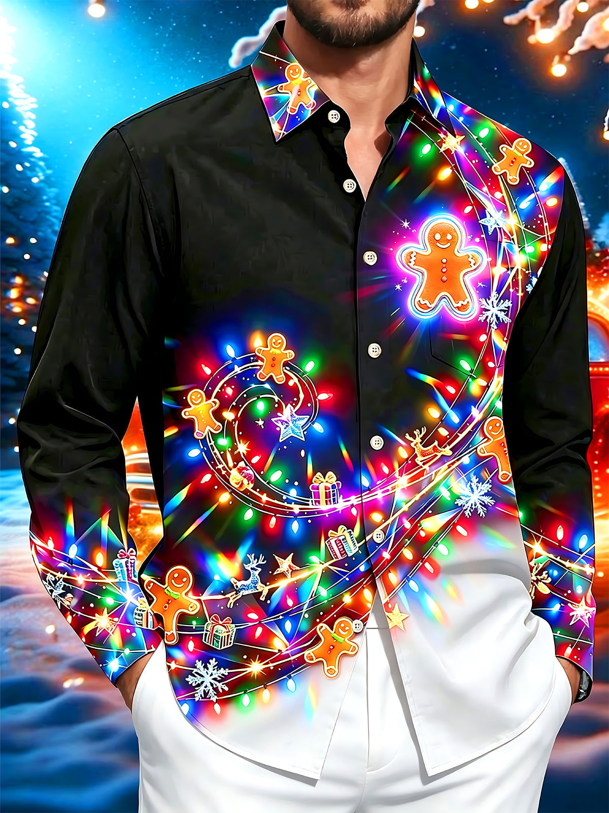 Oceanlyte Men's Graphic Gingerbread Man Print Long Sleeve Shirt with Chest Pocket