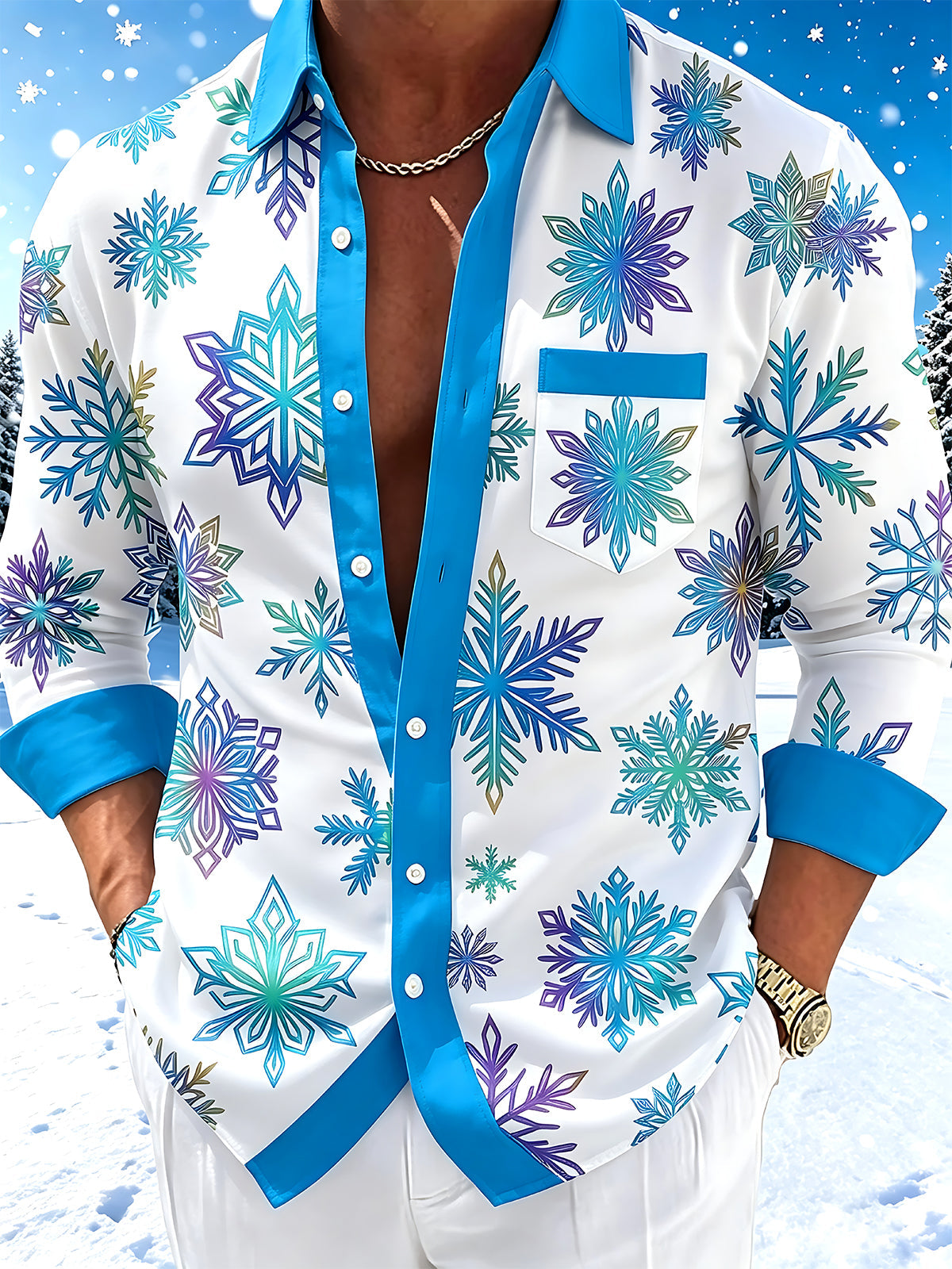 Oceanlyte Men's Printed Snowflake Pattern Long Sleeve Shirt with Chest Pocket