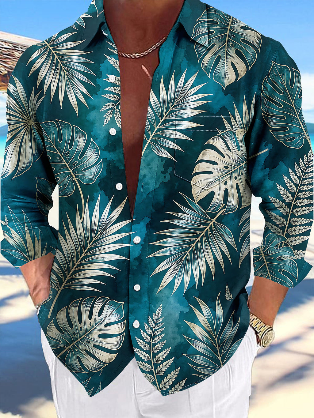 Oceanlyte Men's Hawaiian Tropical Leaf Print Long Sleeve Shirt with Chest Pocket