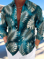 Oceanlyte Men's Hawaiian Tropical Leaf Print Long Sleeve Shirt with Chest Pocket