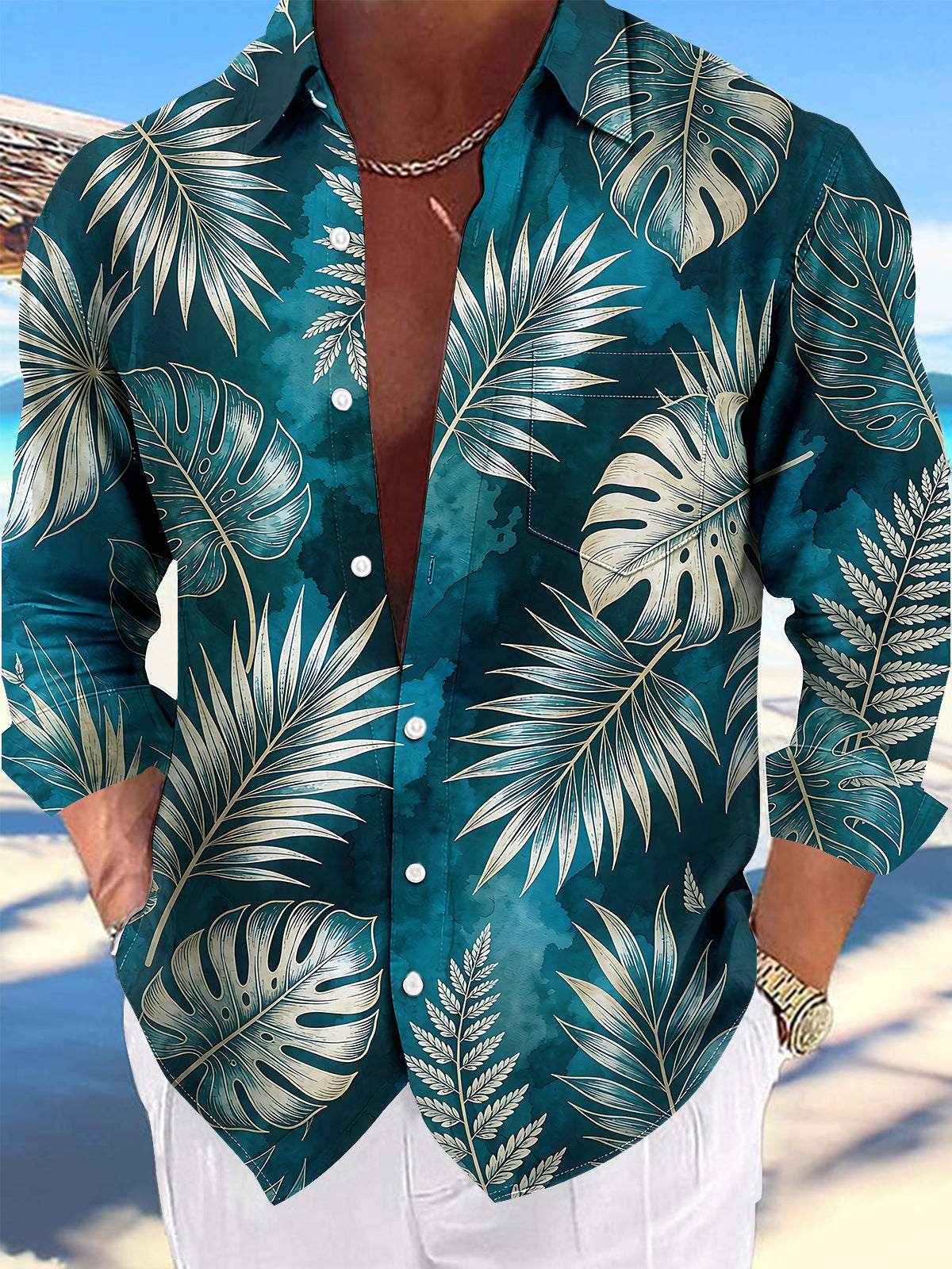 Oceanlyte Men's Hawaiian Tropical Leaf Print Long Sleeve Shirt with Chest Pocket