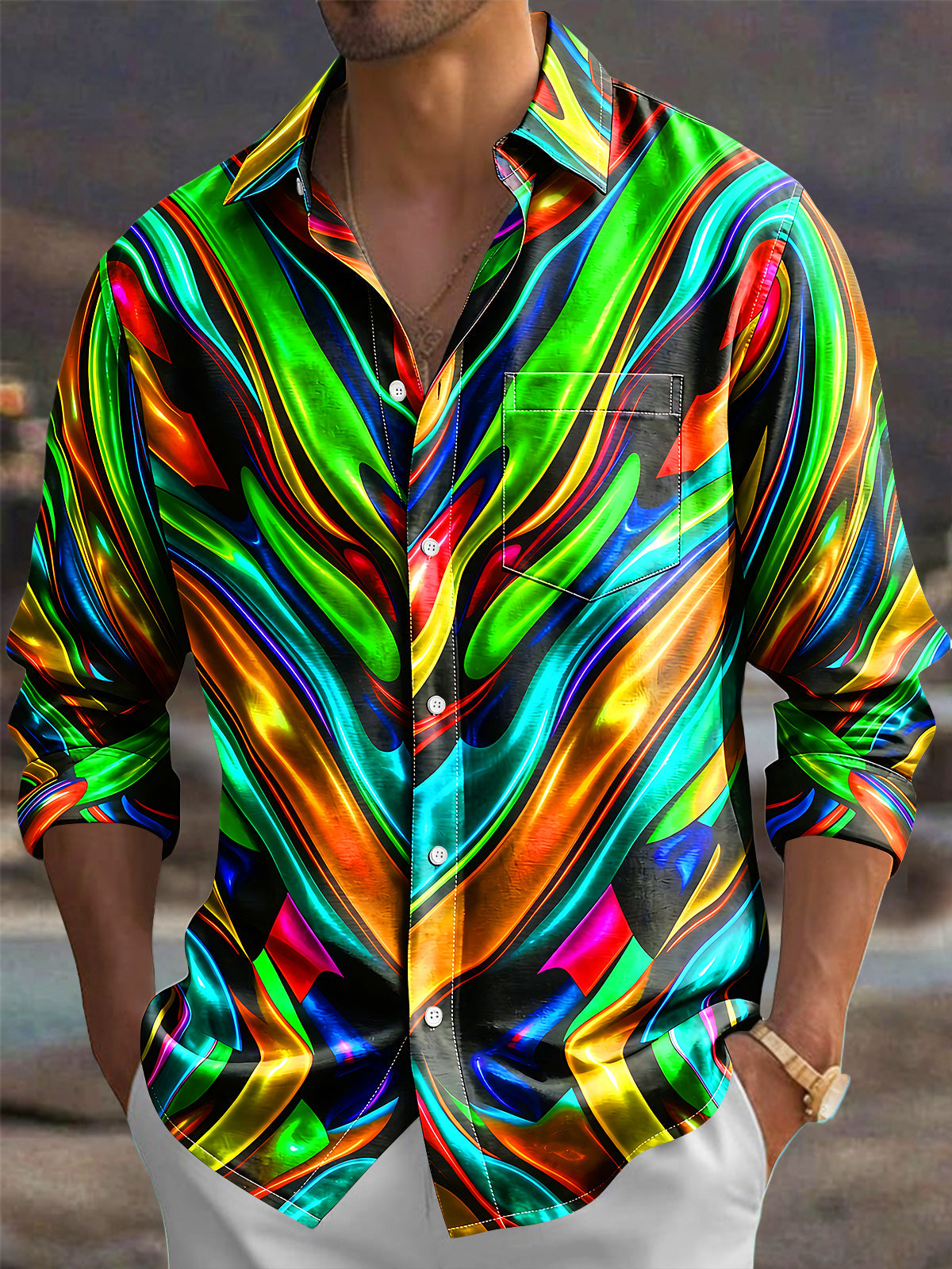 Oceanlyte Men's Printed Fluid Abstract Colors Print Long Sleeve Shirt with Chest Pocket