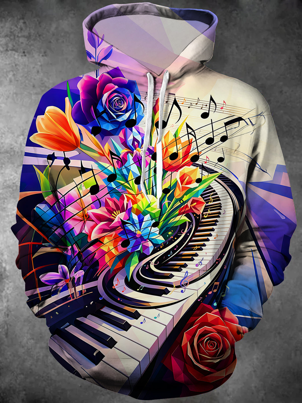 Oceanlyte Men's Graphic Piano Keys Print Floral Bouquet Print Long Sleeve Hoodie with Chest Pocket