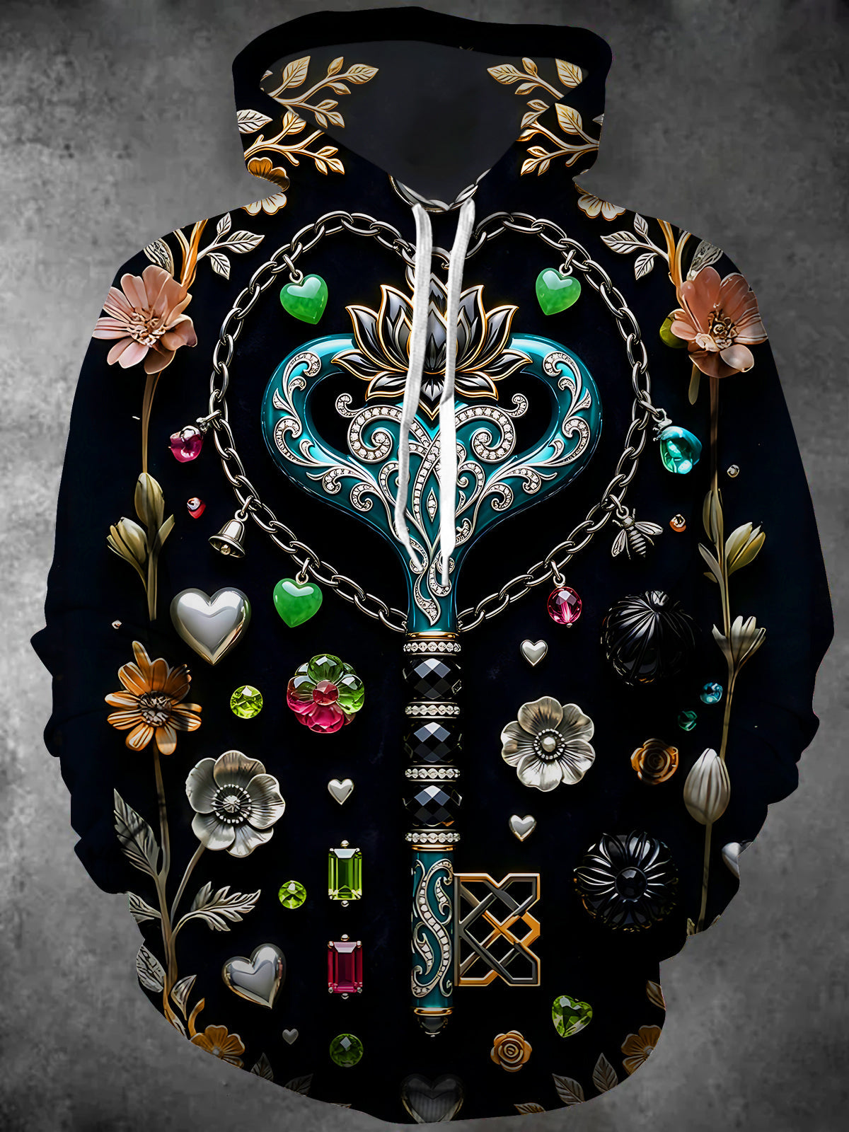 Oceanlyte Men's Vintage Style Floral And Heart Motifs Print Long Sleeve Hoodie with Chest Pocket