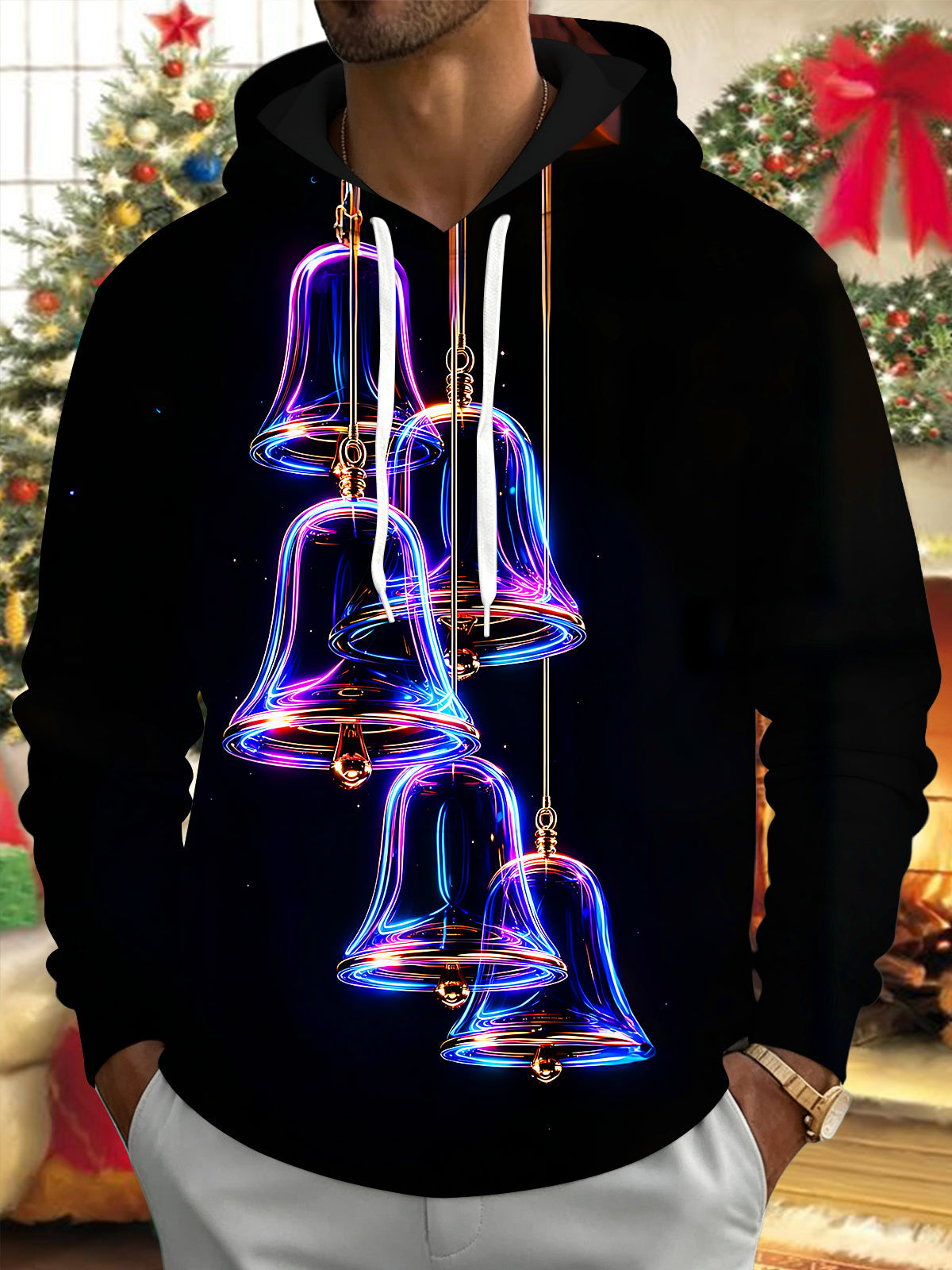 Oceanlyte Men's Graphic Neon Christmas Bells Print Long Sleeve Hoodie with Chest Pocket