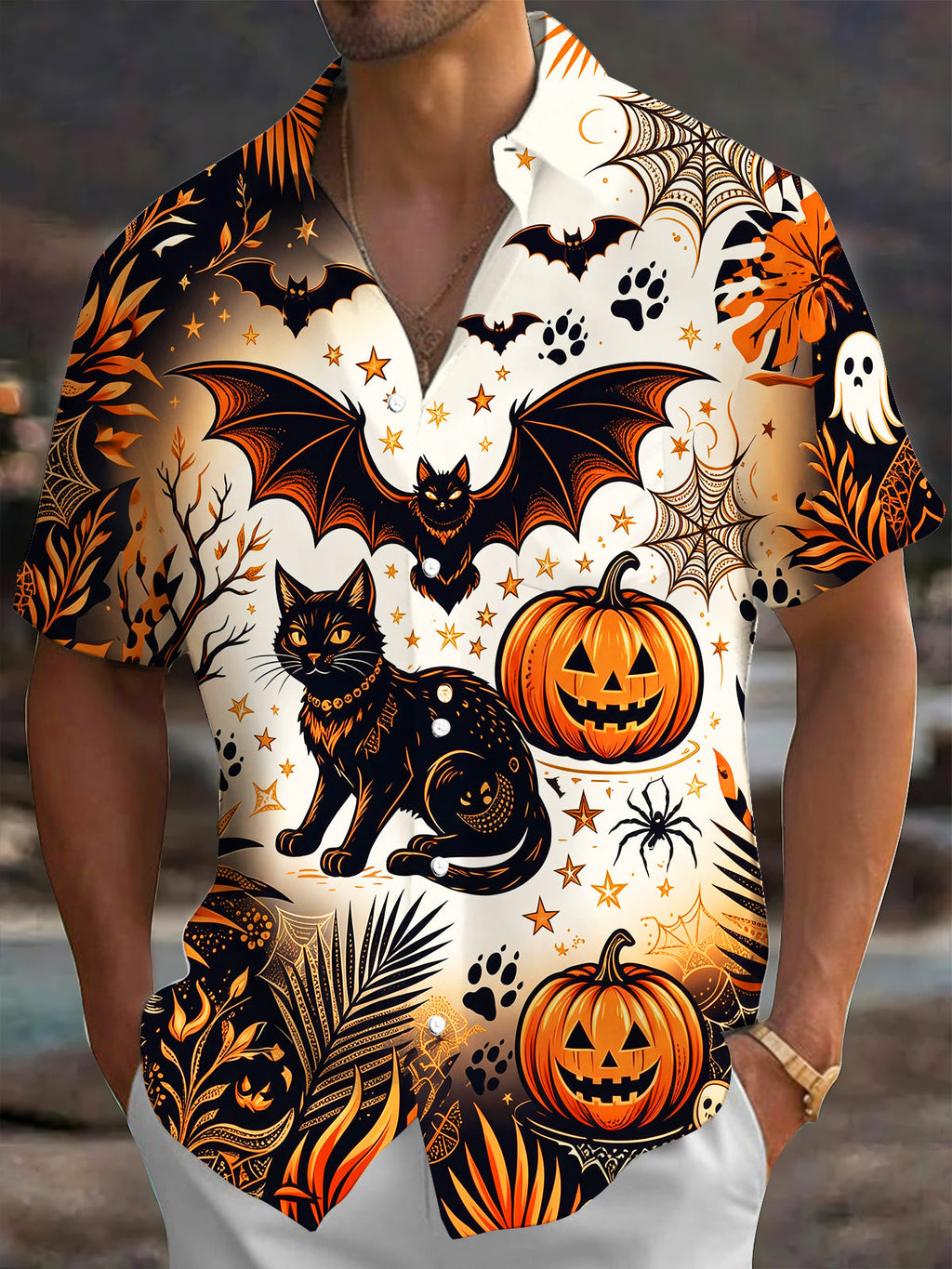 Oceanlyte Men's Hawaiian Halloween Black Cat Print Short Sleeve Shirt with Chest Pocket