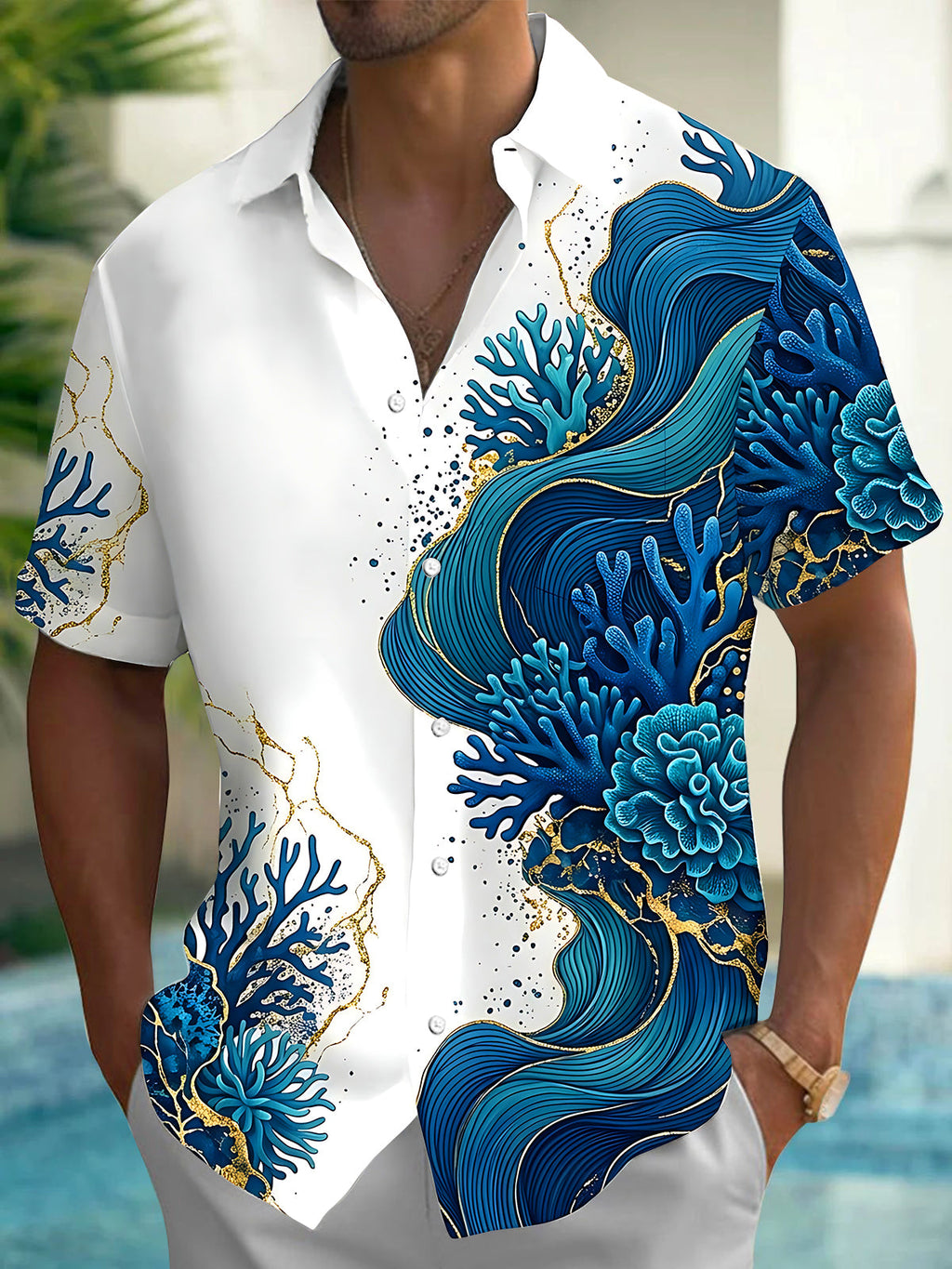 Oceanlyte Men's Hawaiian Ocean Wave Print Coral Reef Print Short Sleeve Shirt with Chest Pocket