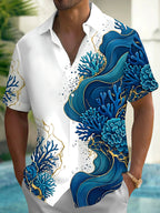 Oceanlyte Men's Hawaiian Ocean Wave Print Coral Reef Print Short Sleeve Shirt with Chest Pocket