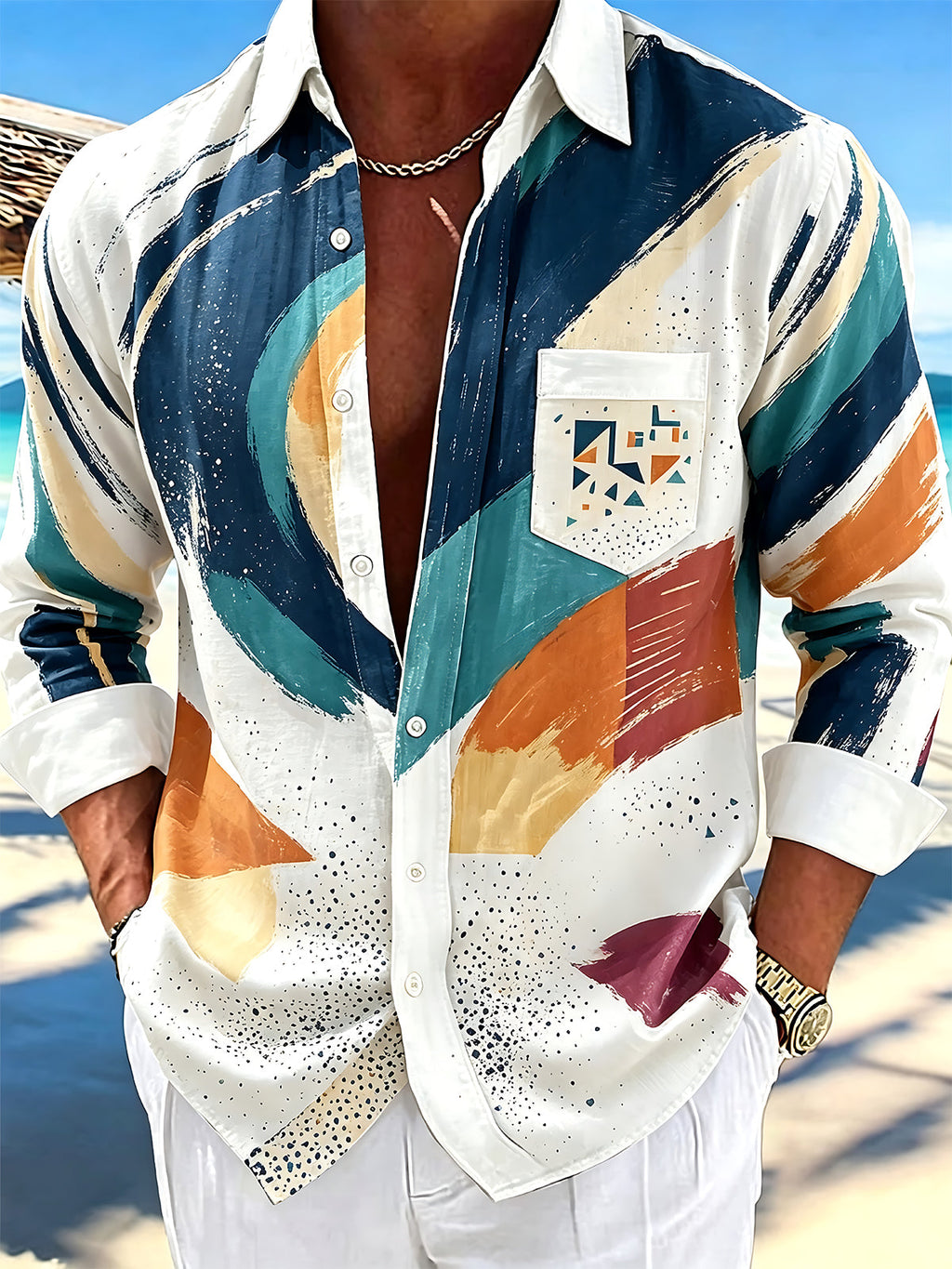 Oceanlyte Men's Abstract Brush Stroke Color Block Print Long Sleeve Shirt with Chest Pocket