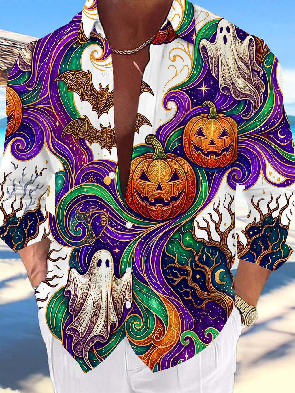 Oceanlyte Men's Graphic Halloween Pumpkins Print Ghosts Print Long Sleeve Shirt with Chest Pocket