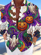 Oceanlyte Men's Graphic Halloween Pumpkins Print Ghosts Print Long Sleeve Shirt with Chest Pocket