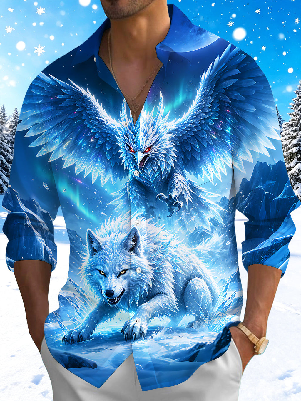 Oceanlyte Men's Graphic Ice Eagle Print Snow Wolf Print Long Sleeve Shirt with Chest Pocket