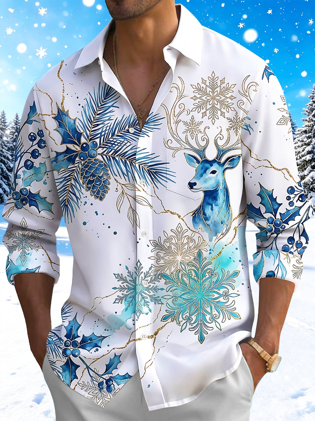 Oceanlyte Men's Graphic Watercolor Snowflake Print Long Sleeve Shirt with Chest Pocket