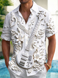 Oceanlyte Men's Short Sleeve Shirt - 3D Relief Bass Guitar And Floral Music Notes Print with Chest Pocket