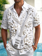 Oceanlyte Men's Short Sleeve Shirt - 3D Relief Bass Guitar And Floral Music Notes Print with Chest Pocket