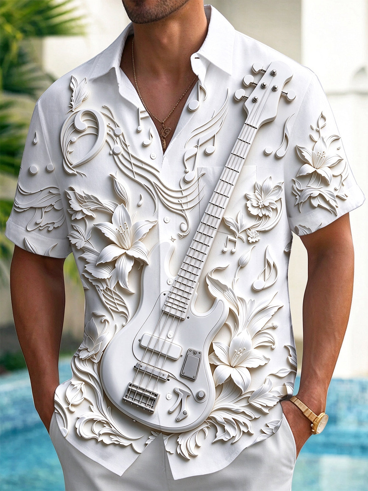 Oceanlyte Men's Short Sleeve Shirt - 3D Relief Bass Guitar And Floral Music Notes Print with Chest Pocket