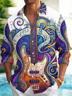Oceanlyte Men's Long Sleeve Shirt - Psychedelic Bass Guitar And Musical Notes Print with Chest Pocket