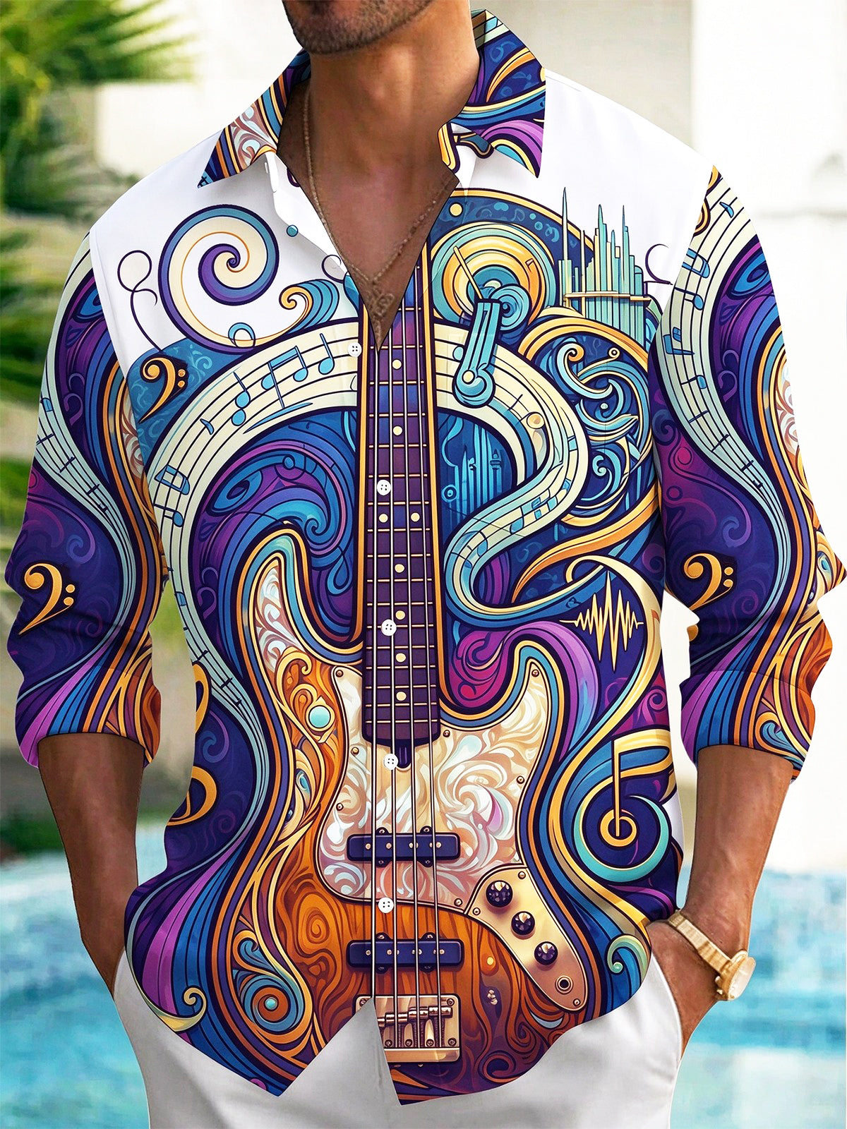 Oceanlyte Men's Long Sleeve Shirt - Psychedelic Bass Guitar And Musical Notes Print with Chest Pocket