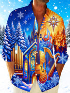 Oceanlyte Men's Long Sleeve Shirt - Christmas Stained Glass Church And Musical Instruments Print with Chest Pocket