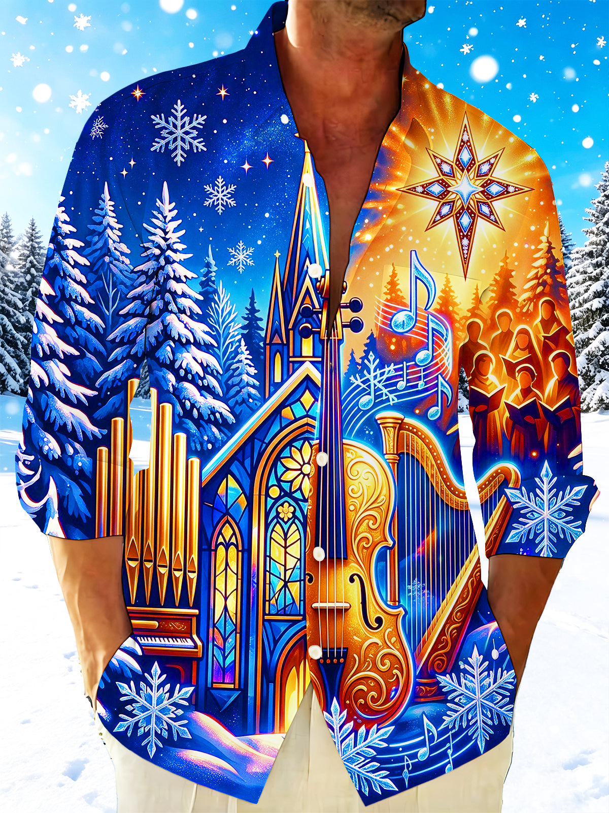 Oceanlyte Men's Long Sleeve Shirt - Christmas Stained Glass Church And Musical Instruments Print with Chest Pocket