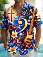 Oceanlyte Men's Hawaiian Bass Guitar And Musical Notes Print Short Sleeve Shirt with Chest Pocket