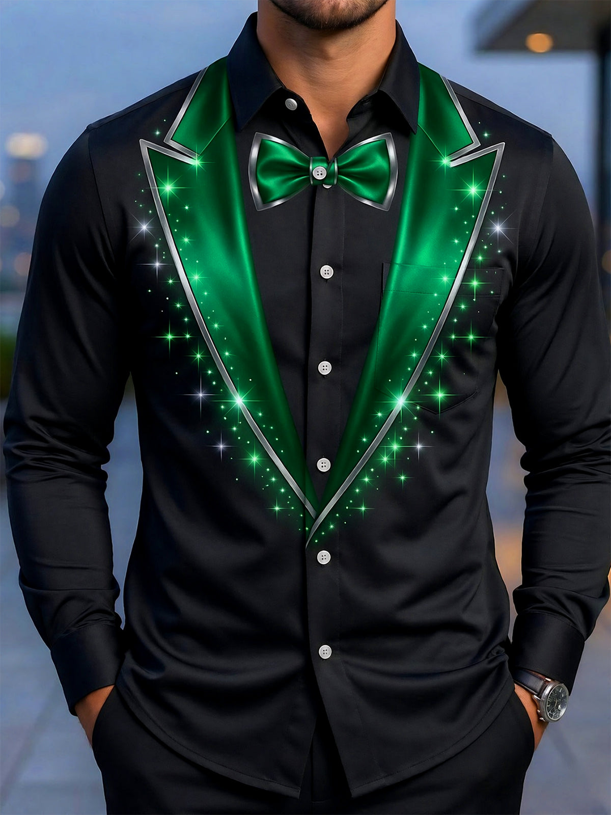 Oceanlyte Men's Printed Tuxedo Jacket And Bow Tie Print Long Sleeve Shirt with Chest Pocket