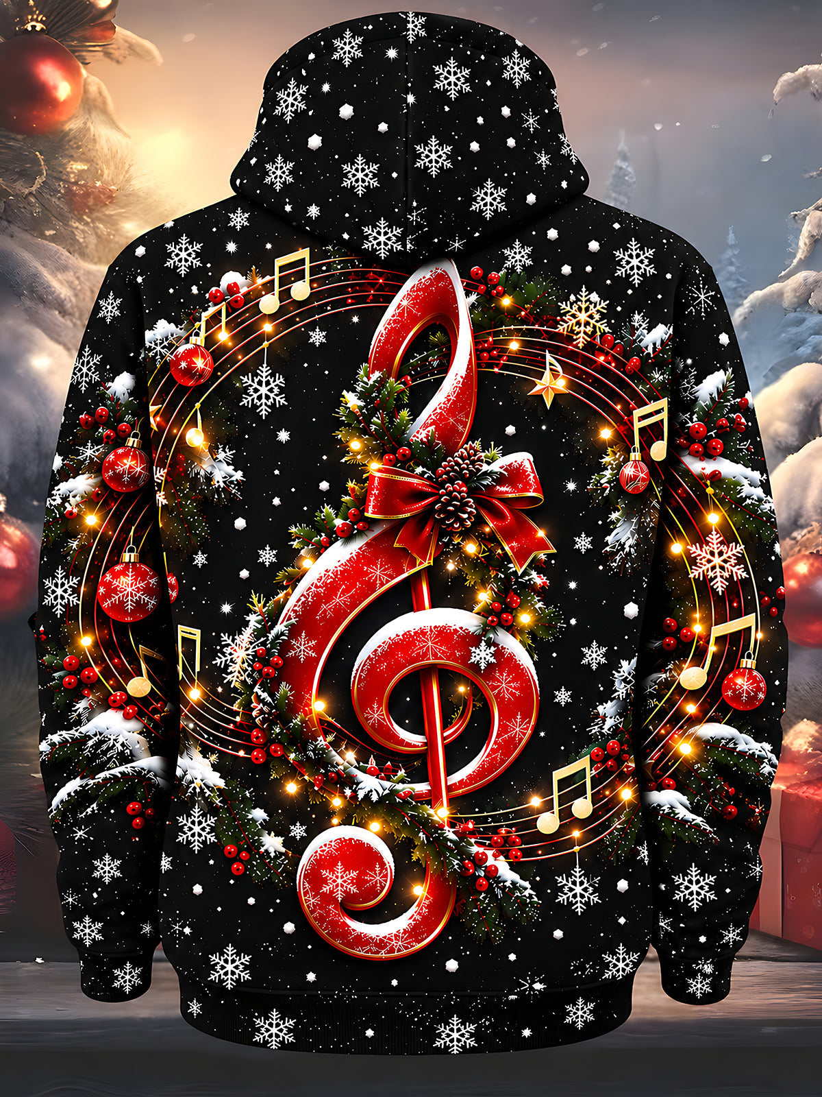 Oceanlyte Men's Graphic Christmas Musical Note Print Long Sleeve Hoodie with Chest Pocket